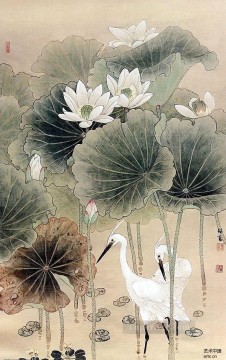  Estanque Pintura - Garceta en estanque de nenúfares chino antiguo